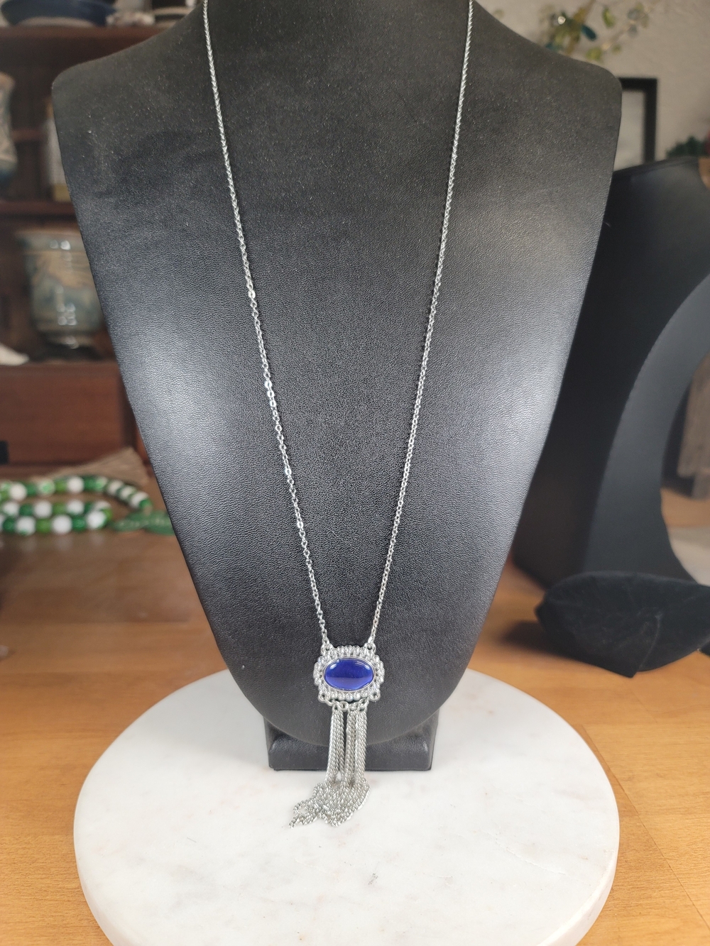 paparazzi Silver-Tone Necklace with Royal Blue Oval and Chain Tassel
